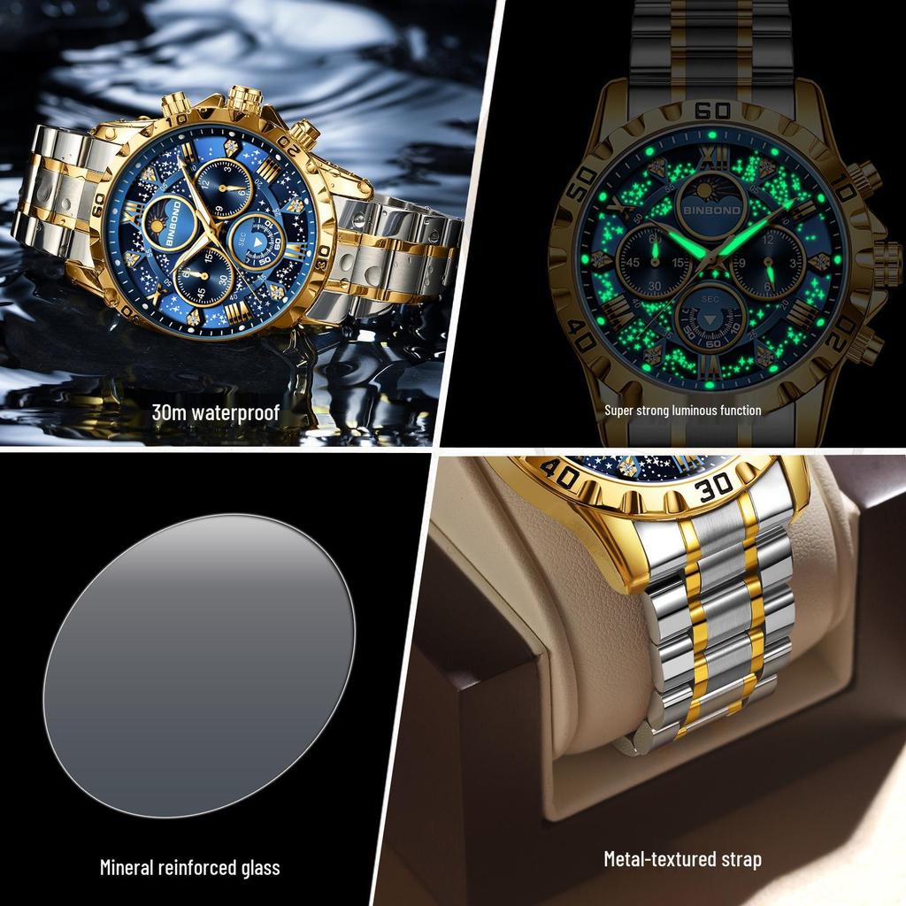 BINBOND Men's Luminous Stainless Steel Moon Phase Quartz Watch