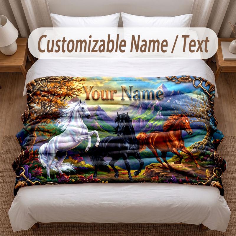 Horse Theme Soft Blanket Personalized Custom Name Text Print Warm Blanket Home Sofa Bedroom Decor