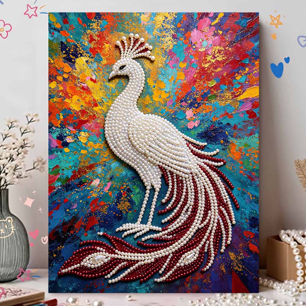 DIY Pearl Gem Colorful Peacock Shining Bead Craft Art Home Wall Ornament Simple Unframed Room Decoration Art Modern Elegant Bird Painting