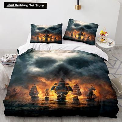 Vintage Segelboot König Königin Bettbezug Nautisches Ozean Bettwäscheset für Teenager Erwachsene Schiff Feuer Schwarz 2/3-teilig Polyester Steppdeckenbezug