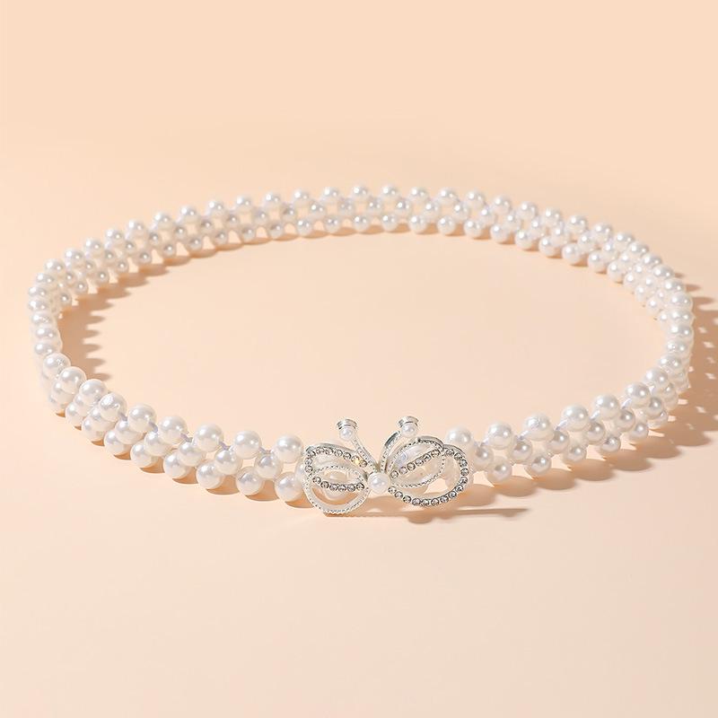 Women's Large Pearl Rhinestone Waist Chain Elastic Belt