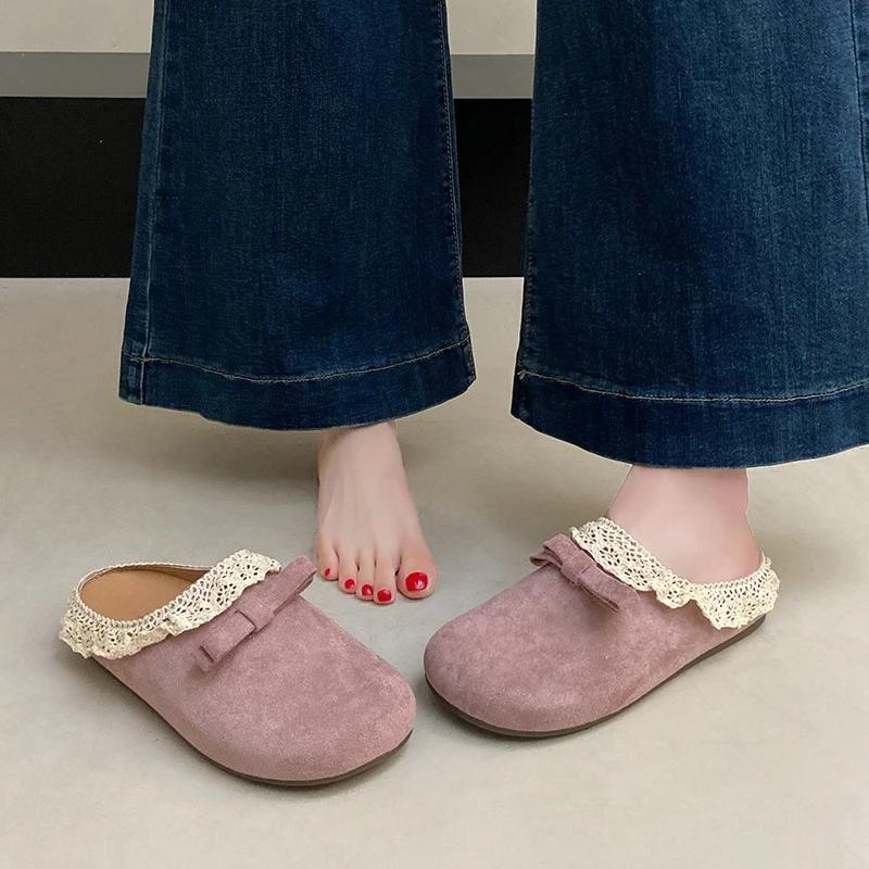 Modne Damskie Klapki Baotou Lato Nowe Okrągły Nosek Zamsz Kokarda Motylkowa Antypoślizgowe Odporne na Ścieranie Płaskie Buty