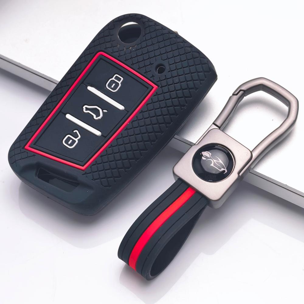 Silicone Car Key Cover Fob Case Keychain 3 Buttons Key Protector Holder, Fits Volkswagen Golf Tiguan Passat Octavia A7 MK7 MK2 B8 Skoda Superb