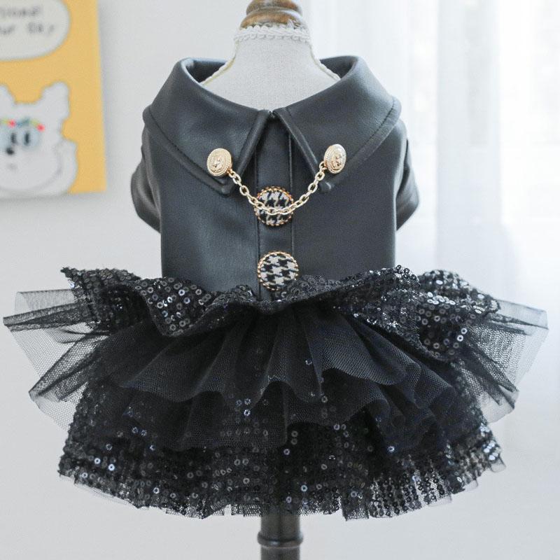 Black PU Dog Clothes Winter Luxury Leather Costume Clothing Warm Coat For Small Dogs Chiwawa Sequins Tulle Skirt Coats Jacket XS