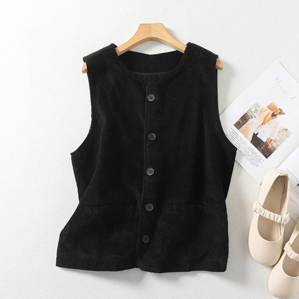 Women's  Fashion Solid Color Round Neck Sleeveless Pocket Button Vest Jacket