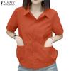 ZANZEA Women Casual Turn Down Collar Solid Color Short Sleeve Blouse