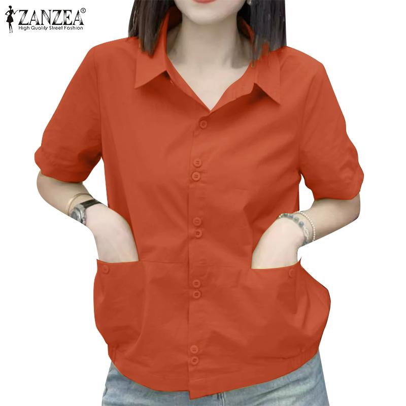 ZANZEA Women Casual Turn Down Collar Solid Color Short Sleeve Blouse
