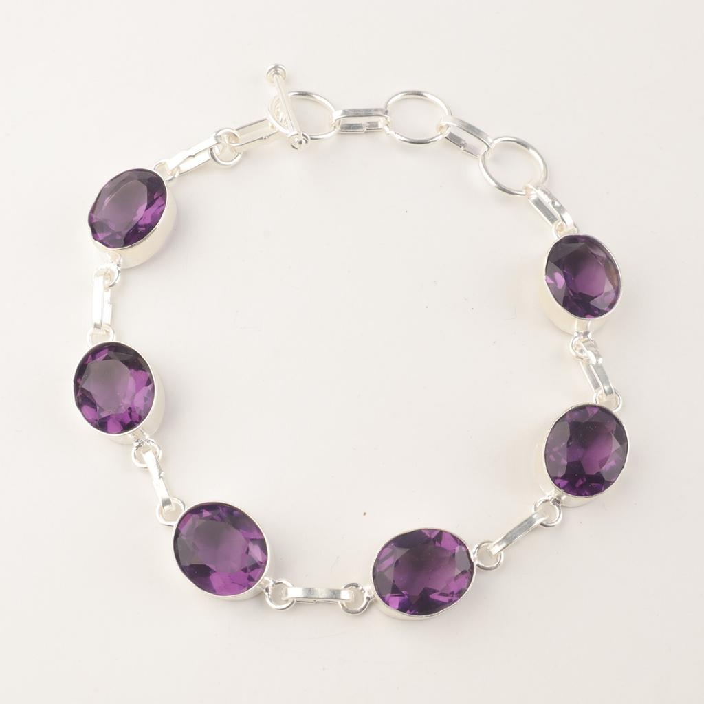 Ametist Ädelsten 925 Sterlingsilver Smycken Handgjort Armband 9" Gåva Till Hennes RB-5-6