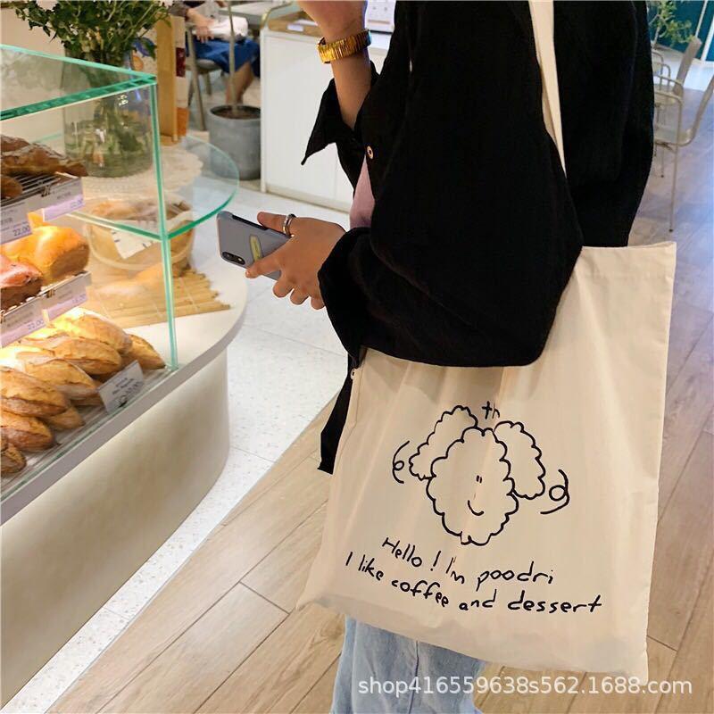 Korean Ins Niche Design Cute Cartoon Fun Pattern Thin Cotton Grey Cloth Bag Canvas Single Shoulder