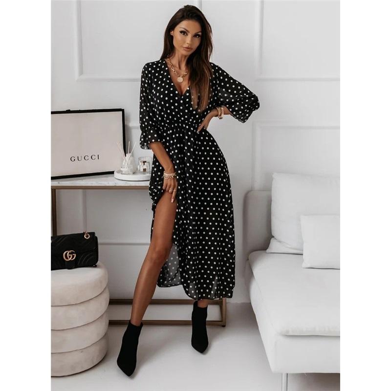 Women's Summer Dress Long Sleeve V-neck Side Slit Printed Long Dress