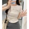 Designed pleated waist hot girl short-sleeved tops women's summer round neck right shoulder small flying sleeves short bottoming shirt t-shirt