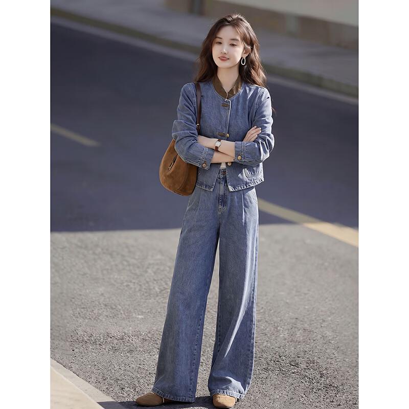Retro Denim Jacket & High-Waist Pants Set