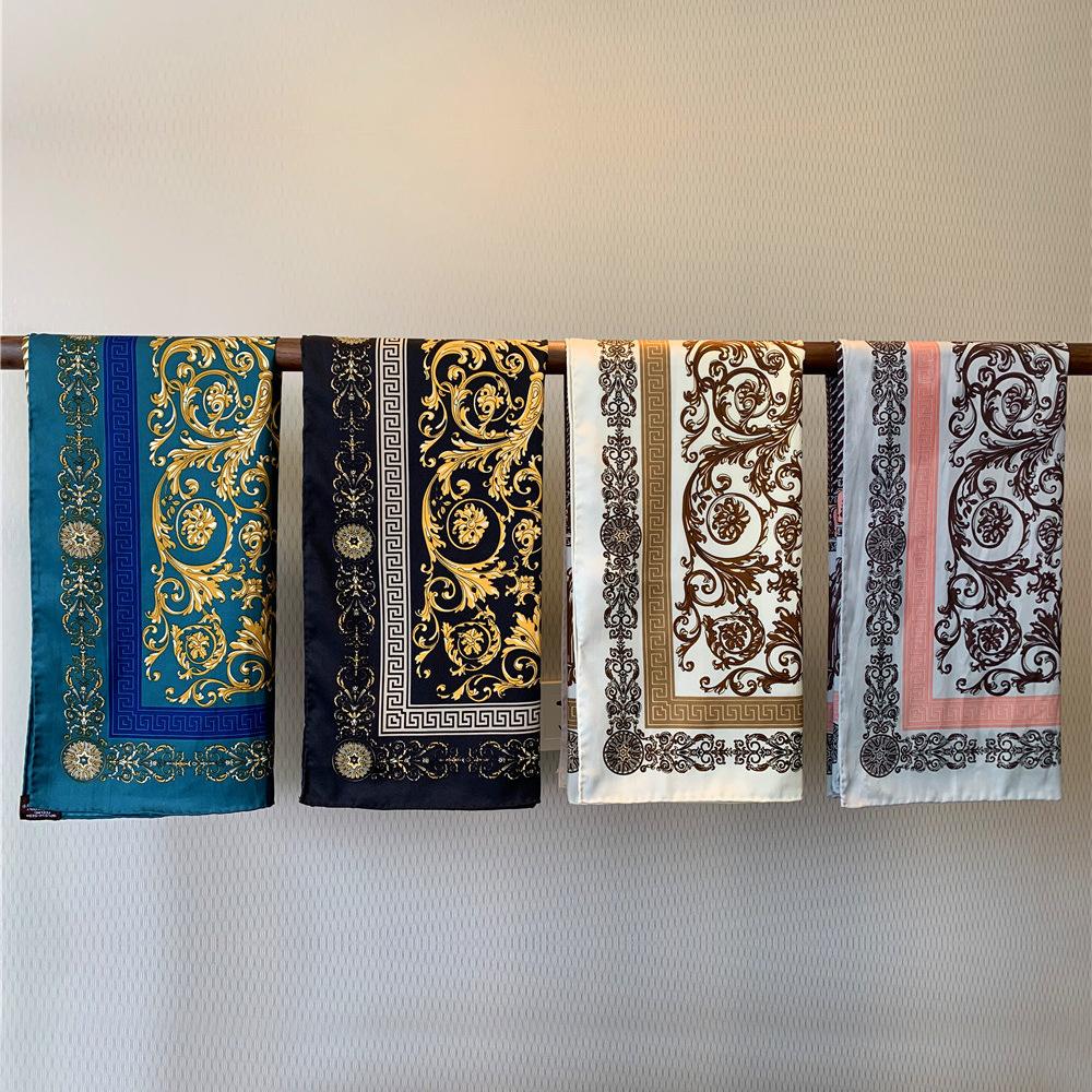 90CM Luxury Brand Flower Totem Manual Hand Rolled Twill Silk Scarf Women Curled Square Scarve Foulard Femme Wrap Bandana Hijab