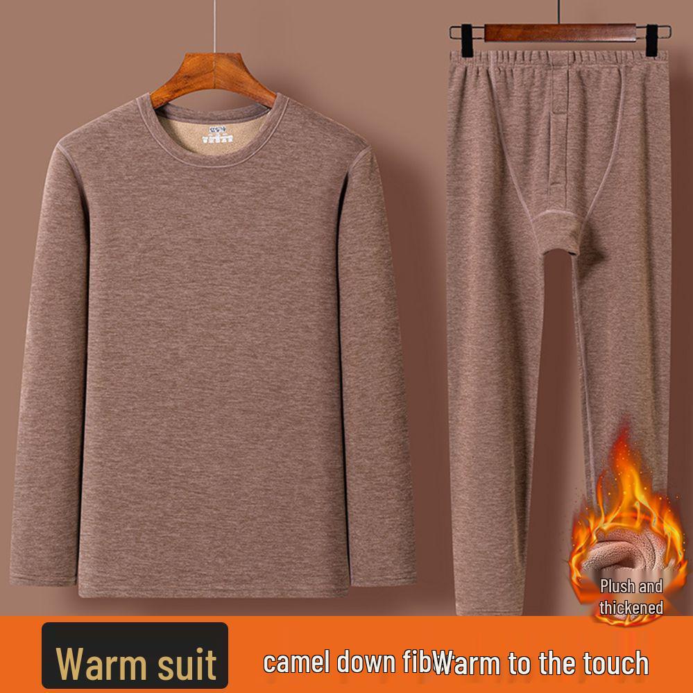 Men's Winter Warm Fleece-Lined Camel Wool Underwear Set - Crew Neck, Quick Heating, for Middle-Aged and Elderly