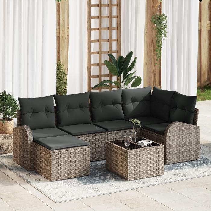Ensemble de canapés de jardin 6 pièces avec coussins en rotin noir poly, Canapé de jardin 2 places avec rangement et 3354788