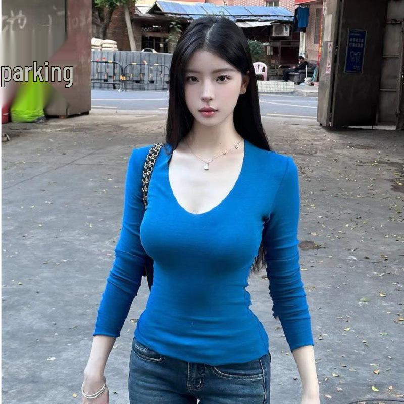Korean Style Slimming Spicy Girl T-shirt - Autumn Long Sleeve Solid Color Top for Women 2025