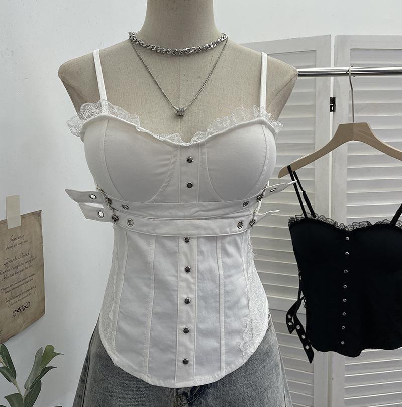 

Y2K Spicy Girl Lace Trim Camisole with Chest Pads and Back Zipper One size