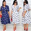 Women's African Polka Dot Dress: Mid-Sleeve, Suit Collar, Plus Size, Wide Hem & Belt