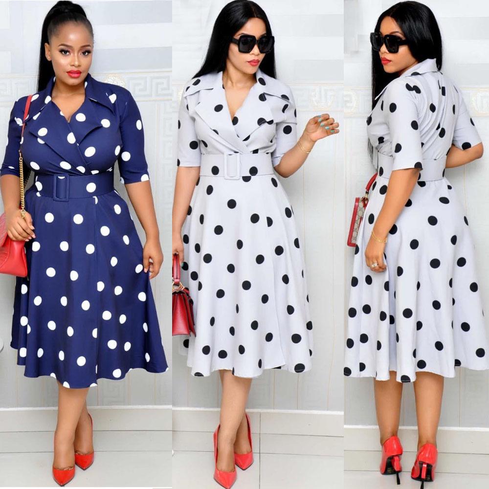 Women's African Polka Dot Dress: Mid-Sleeve, Suit Collar, Plus Size, Wide Hem & Belt