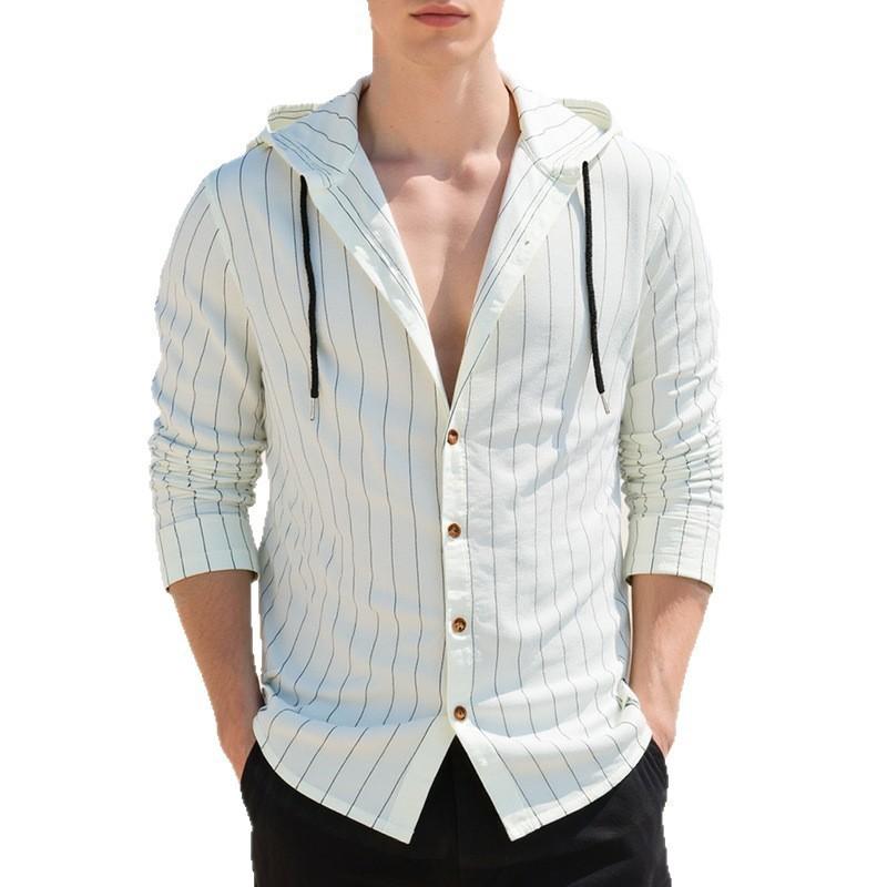 Camicia casual da uomo a tinta unita a maniche lunghe con cappuccio e cardigan con coulisse