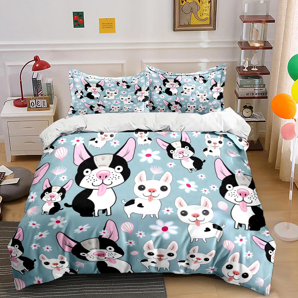 Cute Dogs with Floral Patterns Bedding Set for Kids Luxury Gift 3pcs Digital Print Comforter Set Soft Comfortable Breathable
