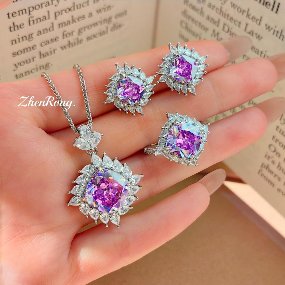 

Women Elegant Jewelry Set Pink Tourmaline Square Ring Pendant Necklace High Carbon Diamond Stud Earrings