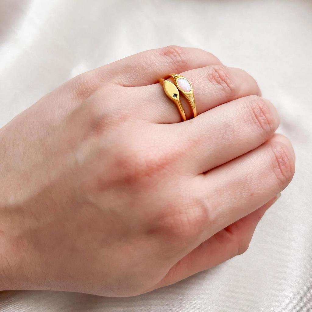 Oval Opal Signet Ring – Minimalist Gold Plated Dainty Ring, Modern Boho Jewelry, Everyday Gift for Women