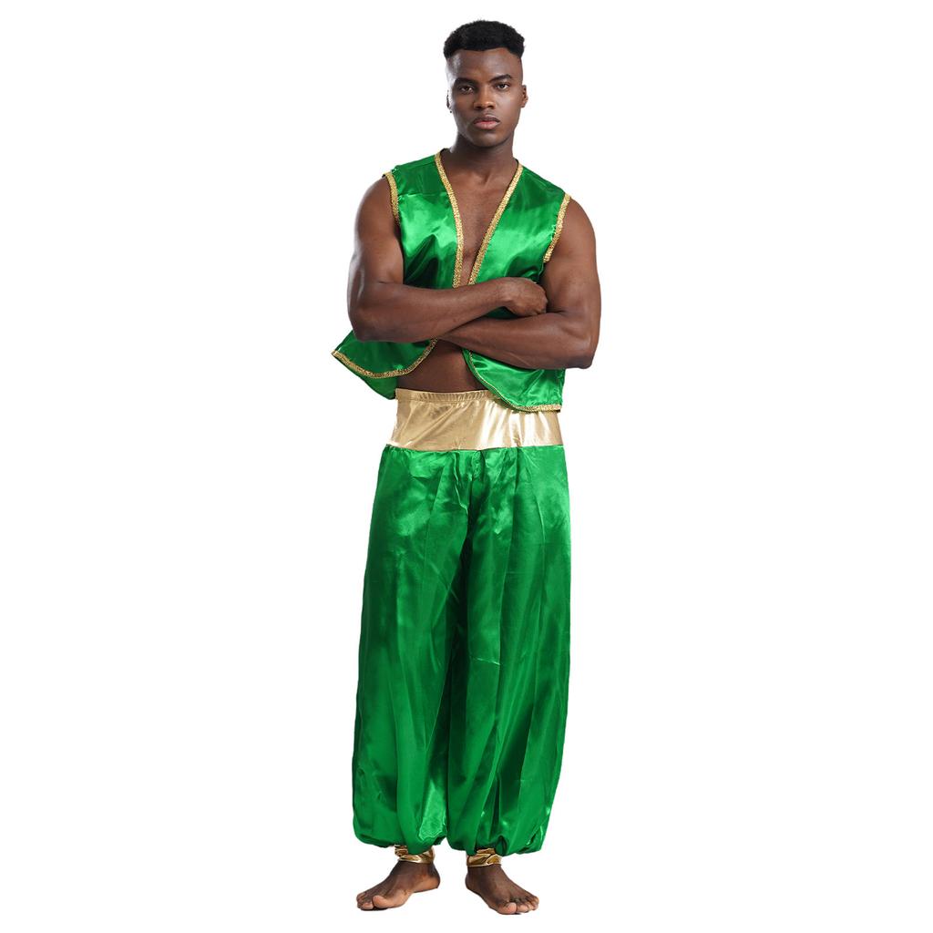 Halloween Arabisk Prins Kostyme - Skinnende Gull Vest & Lappeteppe Bukser for Menns Cosplay (Størrelser S-4XL)