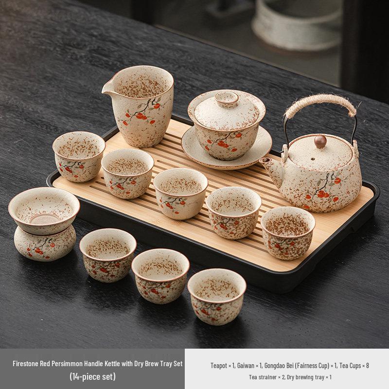 High-End Flint Red Gongfu Tea Set with Ceramic Kettle, Teacups, and Teaplatters