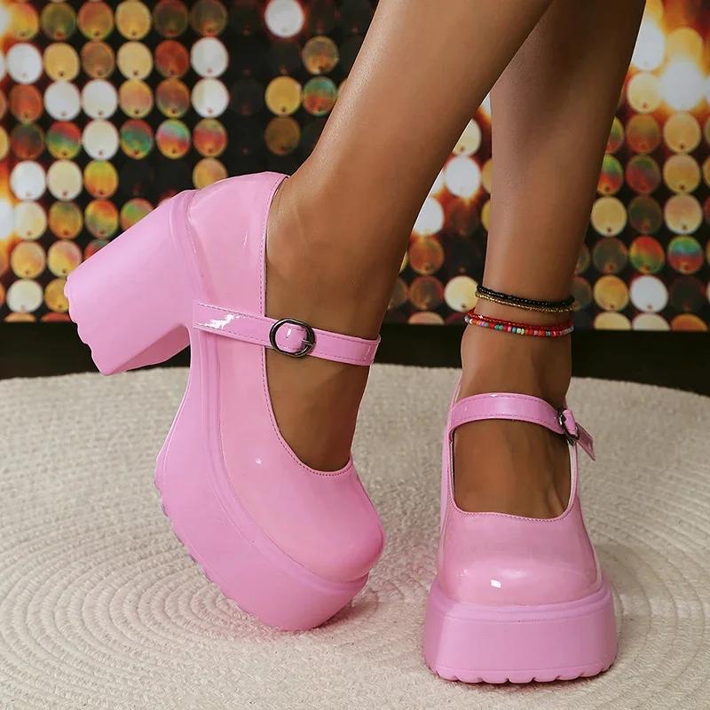 Fashion Brown Super High Heels Mary Jane Shoes for Women 2025 Fashion Chunky Platform Pumps Woman Patent Leather Ankle Strap Party Shoes