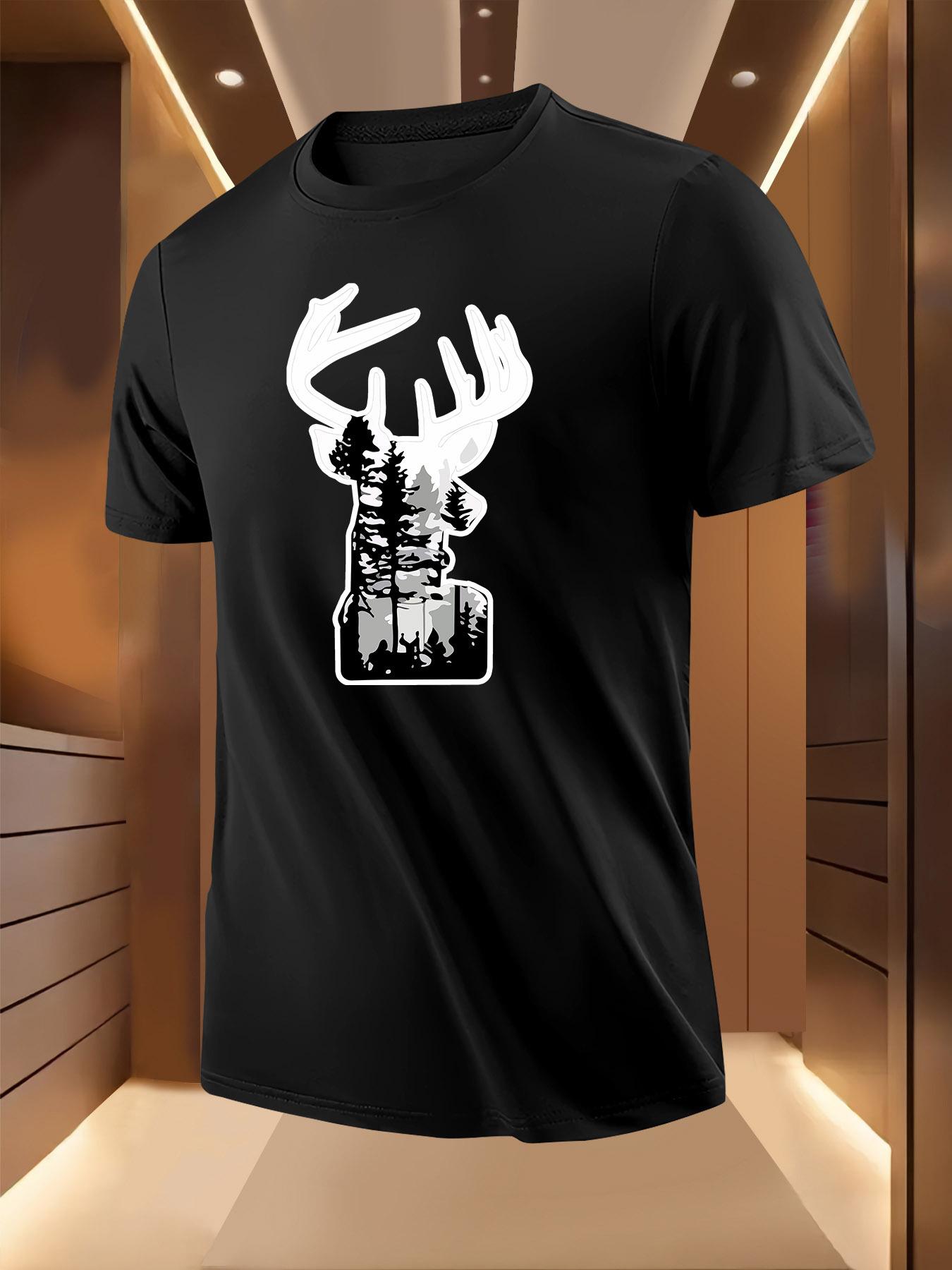 Black with Bold White Deer - Regular Fit Breathable Summer Tee T-shirt M