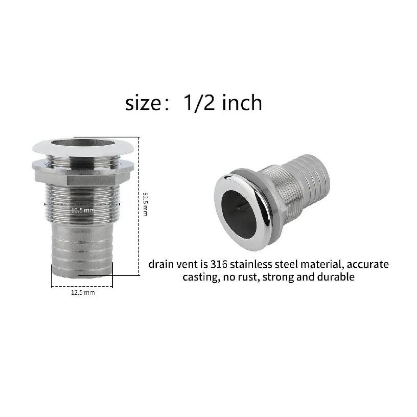 Marine 316 Stainless Steel Thru Hull Fitting Connector Half Thread Water Outlet Boat Bilge Drain Hose Fitting