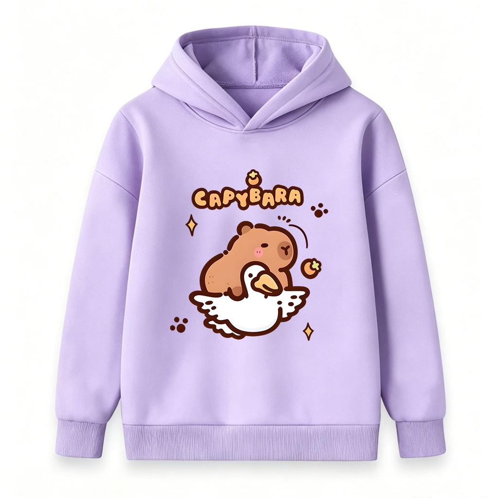 Kids Boys Girls Cute Capybara Hug Goose Print Hoodie Casual Soft Long Sleeve Pullover Hooded Sweatshirt for Daily School Street Wear Autumn Winter