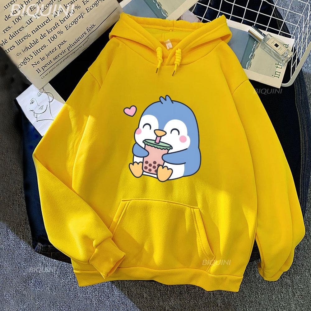 Bubble Boba Milk Tea Cartoon Hoodies Women Penguin Graphic Sweatshirts Unisex Clothes Kawaii Anime Harajuku Plus Size Hoodie