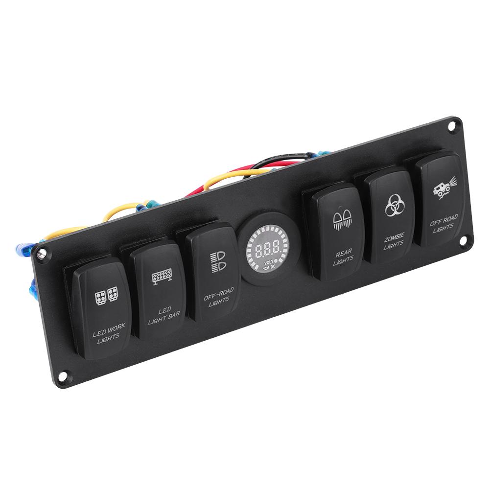 12V-24V 6 Gang Blue LED Rocker Switch Panel with Alarm Voltmeter for Car RV Boat Yacht Marine