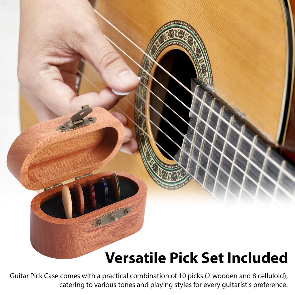 Guitar Pick Holder with 10 Picks - Wooden Pick Box with 2 Wood + 8 Celluloid Picks, Music Accessory Storage for Guitar Players