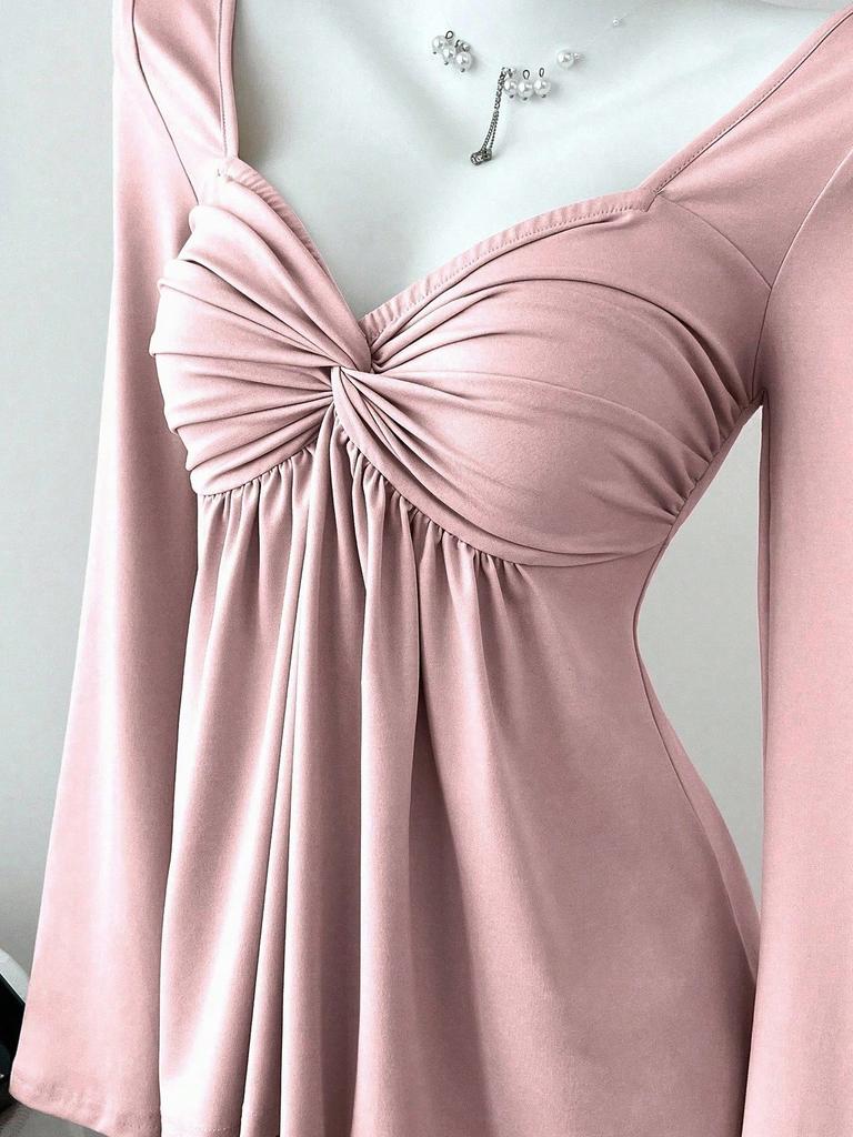 Mode Dames Lange Mouwen Gerimpeld T-shirt Slim Fit Elegante Knoop Top V-Hals Lieve Dames Geplooide Lente Herfst Eenvoudige Blouse Effen Kleur Kleding