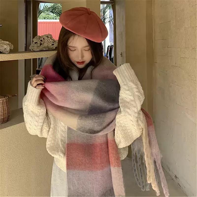 **Sciarpa a quadri con frange da donna Autunno Inverno Blocco di colore arcobaleno Sciarpa in finto cachemire Mohair Scaldacollo Ispessito**