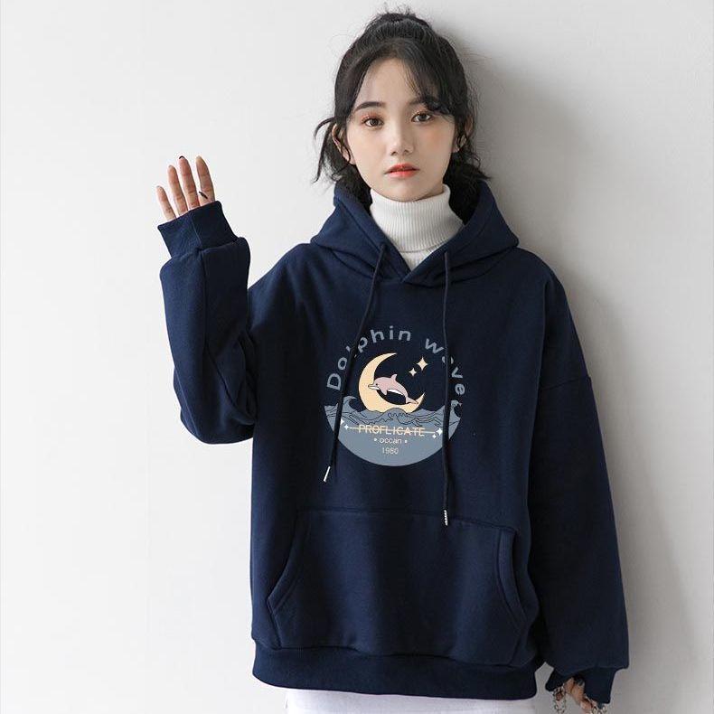 

Осенне-зимняя плюшевая толстовка с капюшоном для женщин, свободная, большого размера, толстая, студенческая, с принтом луны, универсальная, пуловер с капюшоном L темно-синий