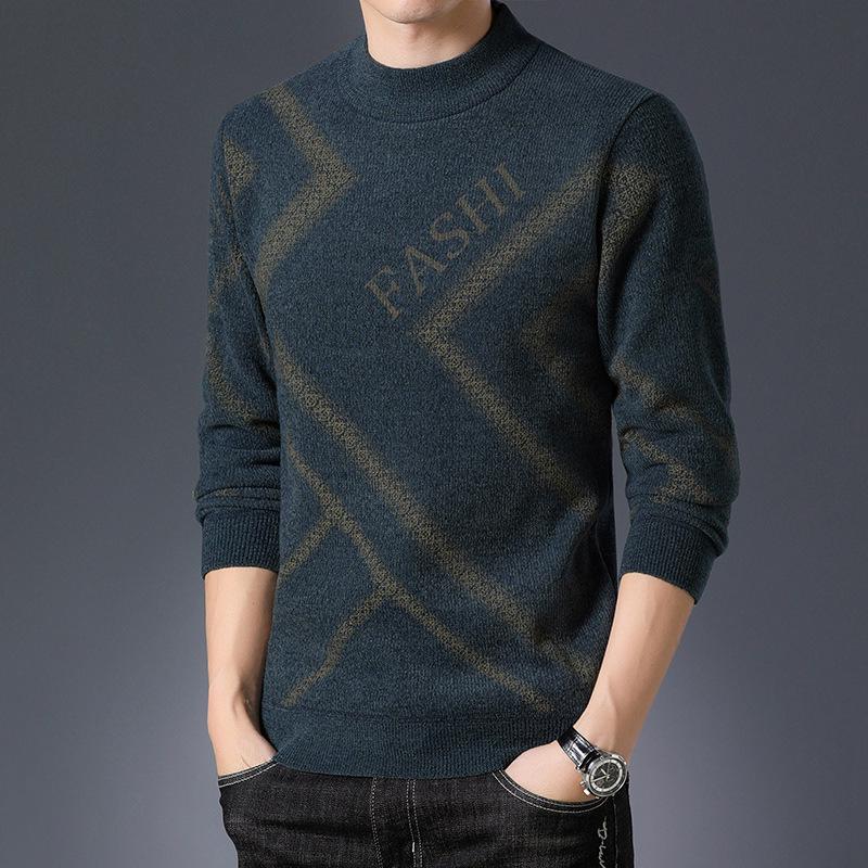 Men's Knit Striped Round Neck Sweater – Thickened Plus Velvet Base Layer for Autumn/Winter