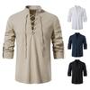 Mens Stand Collar Long Sleeve Shirt Cotton Henleys Shirt Hippie Casual Beach Shirt