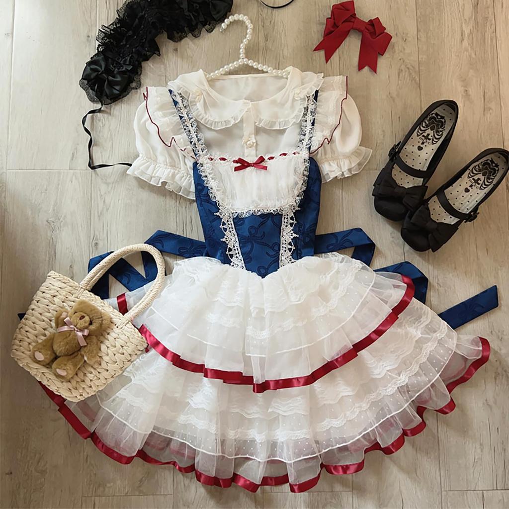 Lolita JSK Jumper Skirt with Dreamy Cute Gothic Lolita Outfit with Ruffles and Mori Idol Light Snow Size M [XHSUKADO] Ribbon, Women's One-Piece Dress,