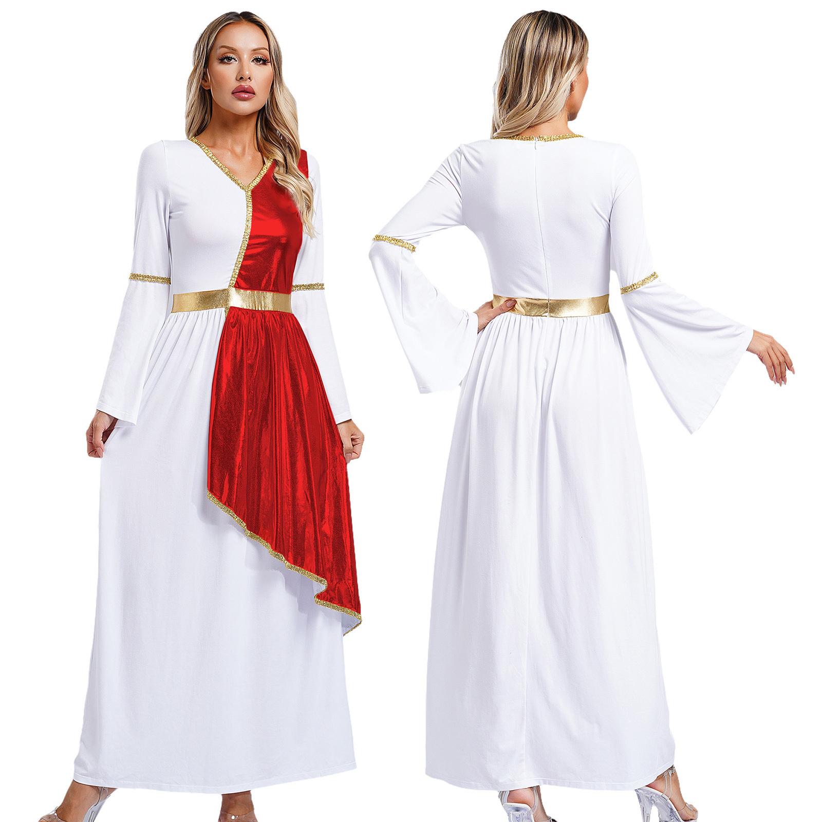 Costume da donna greco Afrodite Ninfa Halloween Cosplay Abito lungo a maniche lunghe con campana lucida Abito da preghiera per coro della chiesa S rosso