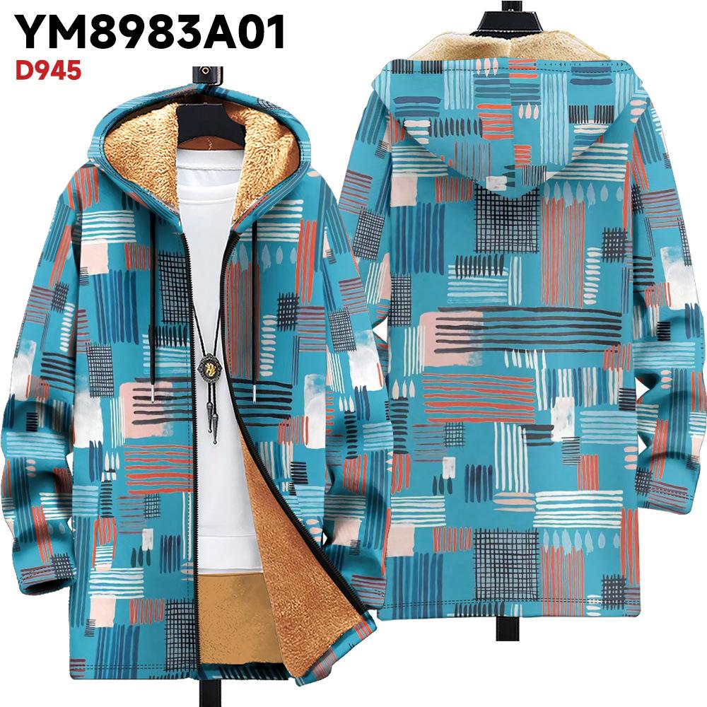New Jacket: Multi-colored Pattern Elements, Zipper Hooded Cardigan, Thickened Winter Fleece Padded Clothes, Yellow Lining, Trendy Cotton Clothes