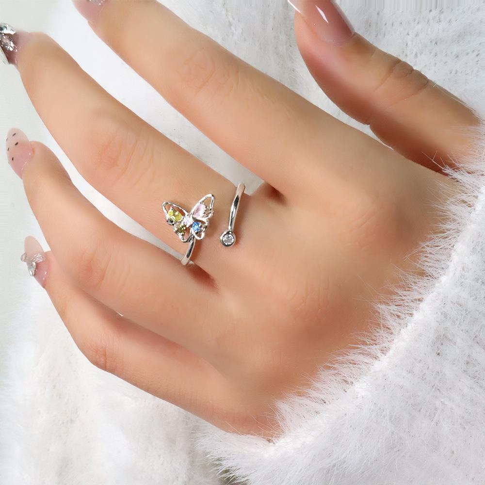Fashion Adjustable Open Acrylic Crystal Butterfly Ring For Women Silver Color Zircon Finger Ring Party Jewelry