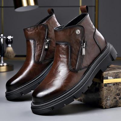 Herren Trendige Chelsea Lederstiefel - Warm, Samtgefüttert, Seitenreißverschluss, Lässige Martin Stiefel für Herbst und Winter