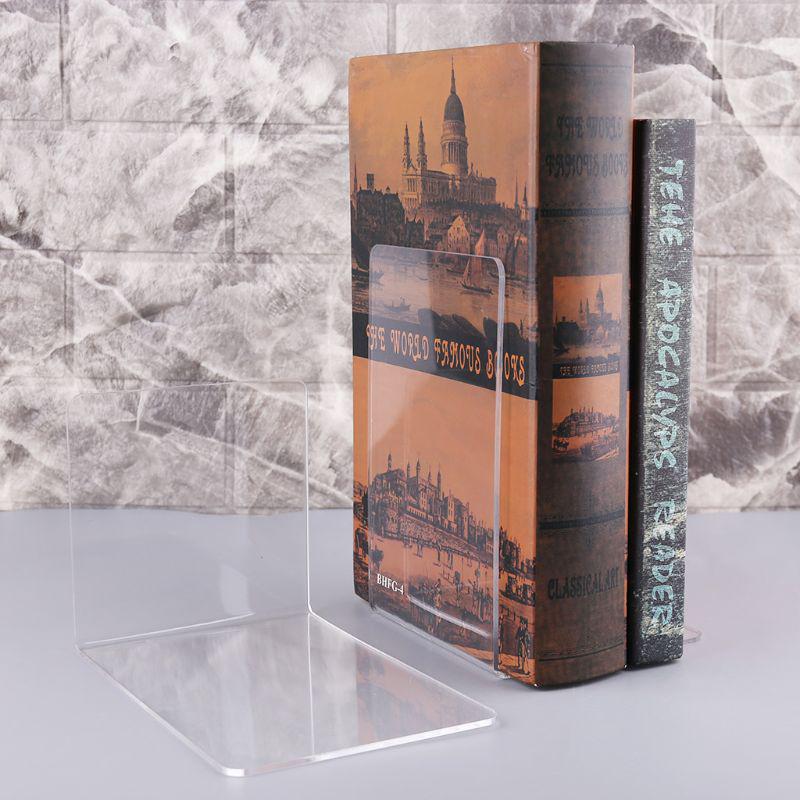 Clear Acrylic L-Shaped Bookend Stand for Desktop Book Storage 10x8x10 cm