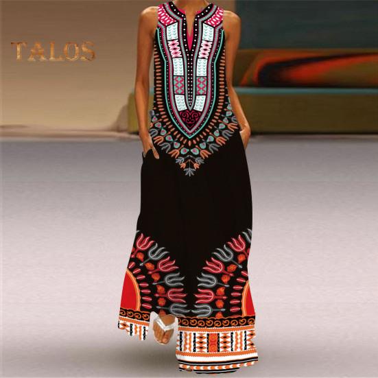 Vestido longo de verão com ombros de fora, sem mangas, linha A, retrô, colorido, estilo étnico, estampado, decote em V, bolsos laterais, comprimento total, vestido longo