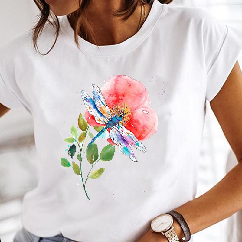 (European Size) Summer Fashion Dragonfly Dandelion Plant Short Sleeve Women Print Tee Top T-shirt  Lady Female Clothing Casual Graphic T-shirt