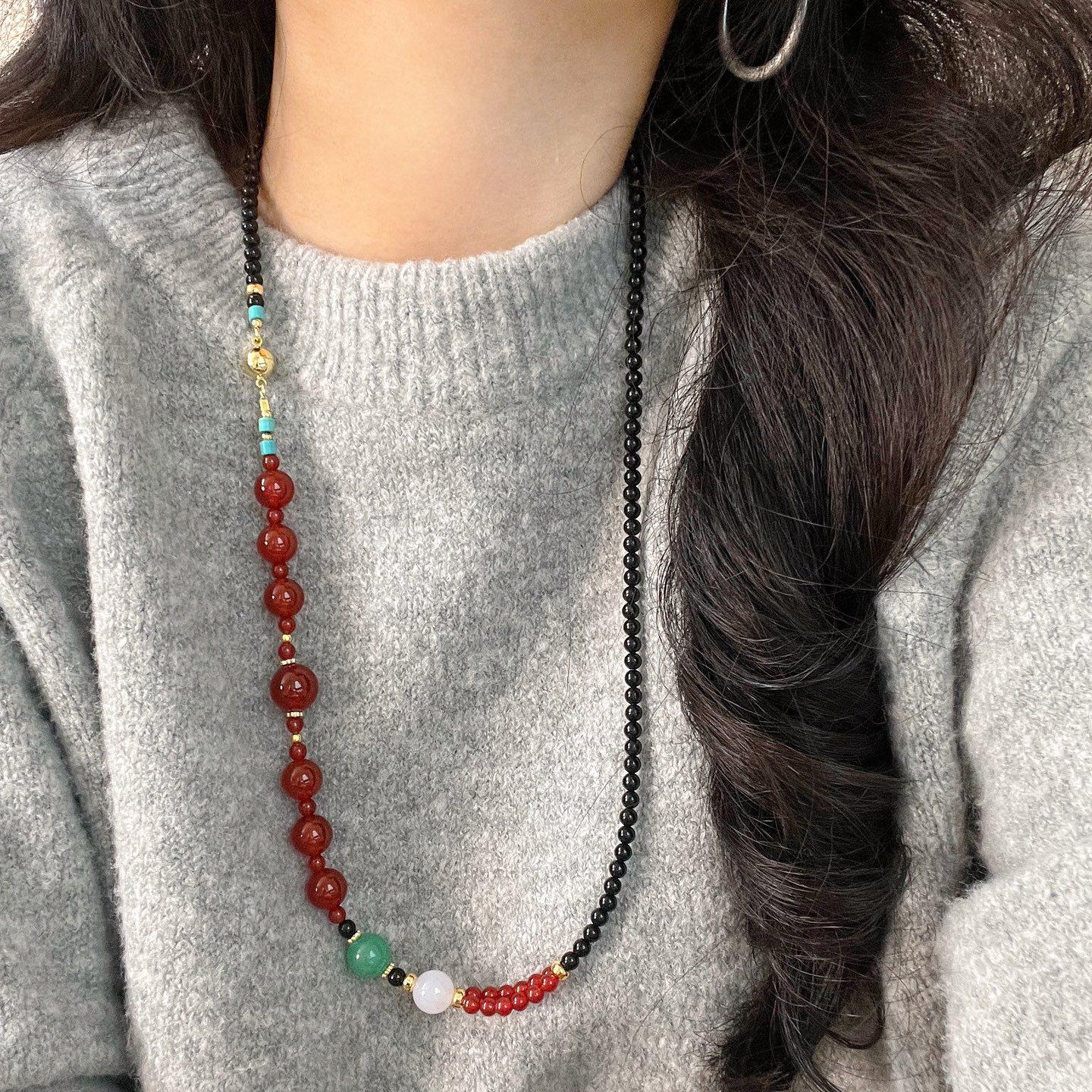 4Mm Natural Black Agate Chalcedony Design Sweater Chain